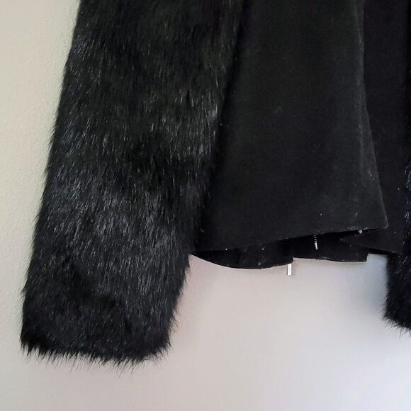 Michael Kors Yeti Faux Rabbit Fur Sleeve & Wool Moto Turnlock Jacket in Black - Picture 11 of 16